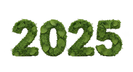 Number 2025 made of green leaves isolated on transparent background, new year