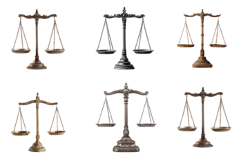 Collection of justice are balanced in theory, but often in practice, they reflect the challenges of achieving true fairness. full length isolate on transparent background