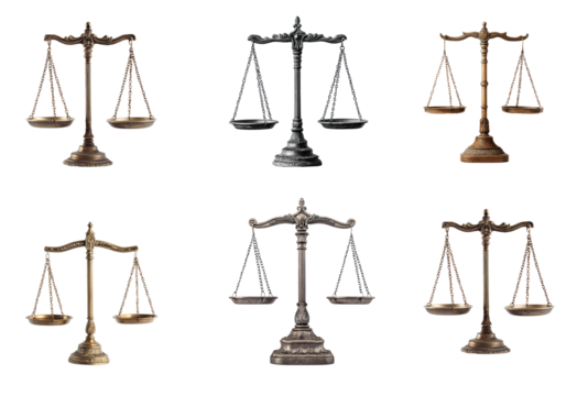 Collection of justice are balanced in theory, but often in practice, they reflect the challenges of achieving true fairness. full length isolate on transparent background