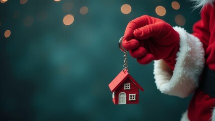 Santa Claus' hand holding a keychain in the form of a house