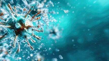 This captivating image showcases a detailed view of a virus, emphasizing its intricate structure and surrounding water droplets, highlighting its microscopic beauty.