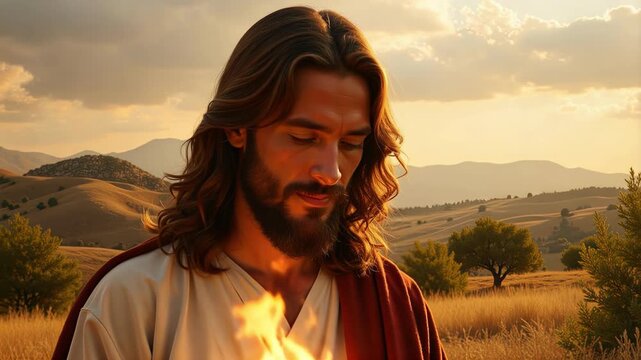 Experience divine serenity with Jesus Christ, a peaceful presence in a religious scene, rendered in stunning 4K video footage for your project