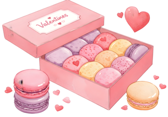 Illustration Of Pastel Macarons In A Pink Box With Hearts Isolated