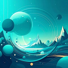 A vibrant, stylized landscape of a fantastical alien world, featuring towering peaks and swirling celestial bodies in a tranquil turquoise and teal palette.