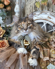 A charming cat wearing Victorian floral dress with ribbon posed gracefully in pastel frame accented by roses.