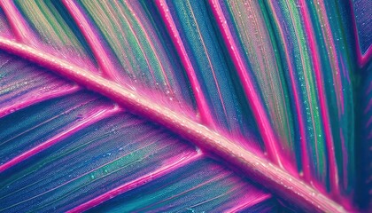 iridescent macro closeup of tropical leaf vein with vibrant pink green and blue abstract texture for modern wallpaper or banner