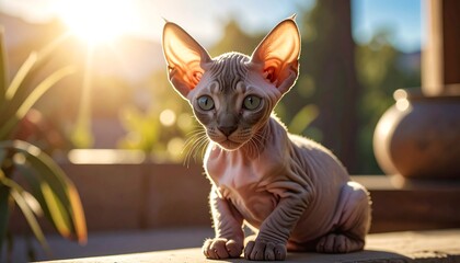 A captivating kitten, a Sphynx, sits outdoors, bathed in warm sunlight.