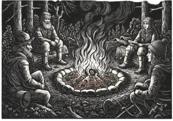 Illustration Of People Around Campfire In Forest At Night