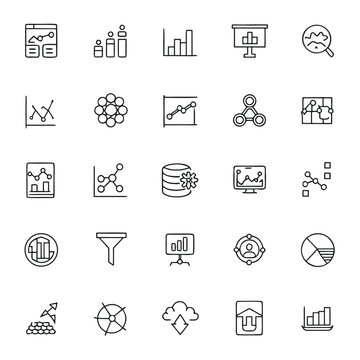 Collection of thin line icons representing data analysis, charts, graphs, and business statistics on a white background