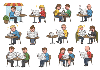 Illustration Of People Reading Newspapers At Cafes On Black Background