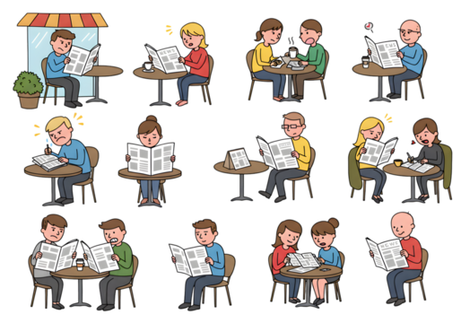 Illustration Of People Reading Newspapers At Cafes On Black Background