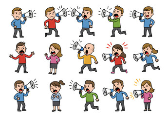 Illustration Of People With Megaphones Shouting With Diverse Expressions On Isolated Transparent Background
