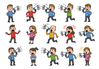 Illustration Of People With Megaphones Shouting With Diverse Expressions On Isolated Transparent Background
