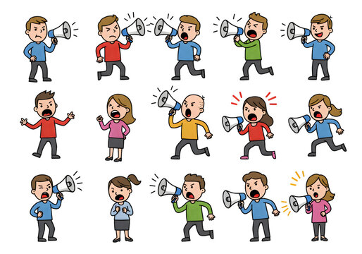 Illustration Of People With Megaphones Shouting With Diverse Expressions On Isolated Transparent Background