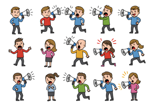 Illustration Of People With Megaphones Shouting With Diverse Expressions On Isolated Transparent Background - Powered by Adobe