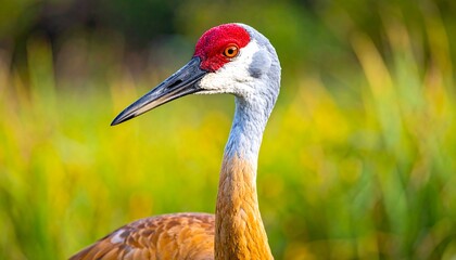 Close-up portrait of a sandhill crane, showcasing its striking red head and neck, against a blurred background of vibrant yellow and green foliage.