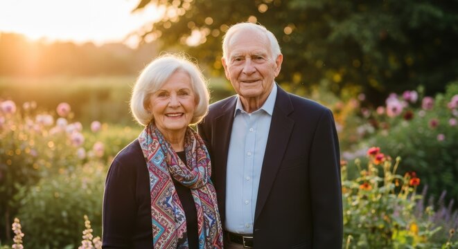An elderly couple standing in a garden with flowers, wearing suits and ties, with a warm, golden sunset in the background. - Powered by Adobe