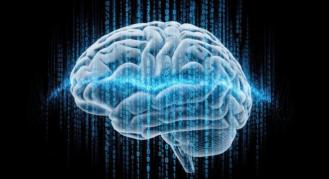 A human brain with binary code and light trails against a black background.