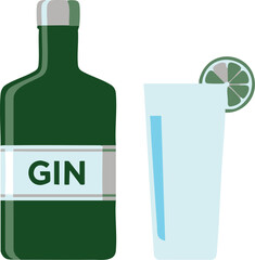 Beverage Vector Illustration of Gin Bottle and Glass with Lime Slice Simple Design