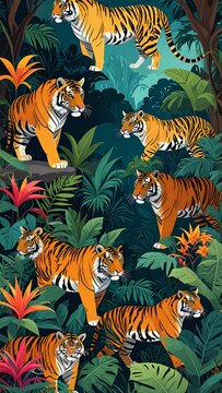 Tigers in a lush tropical jungle