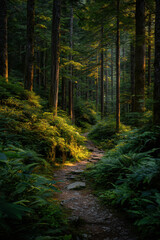 Fototapeta premium experience beauty of summer landscapes across different countries featuring lush forest trails bathed in