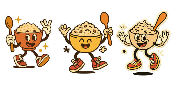 Set of retro cartoon cereal bowl characters walking and waving, happy food mascots with faces and legs in a vintage animation style, isolated on a white background