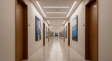 Modern Hallway with Linear Lighting, Artwork, and Wooden Doors in Perspective