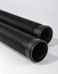 Two black corrugated plastic drainage pipes rest on a white surface, showcasing their robust construction and smooth, seamless design.