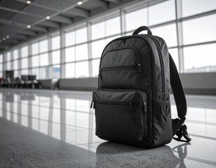 Sleek Backpack in Modern Terminal: A minimalist black backpack sits gracefully on a shiny floor, surrounded by the expansive windows and airy interior of a contemporary transportation hub. 
