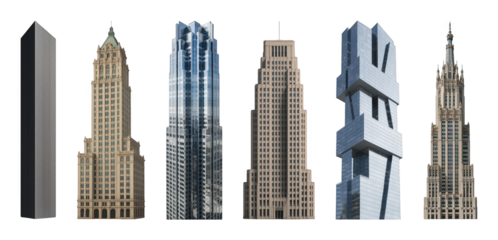 Skyscraper set including modern, classic, glass, and stone architectural buildings isolated. Urban development and city building collection.