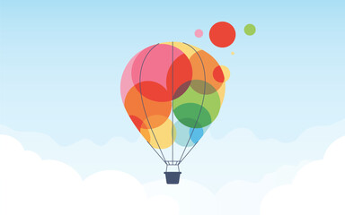 Colourful Hot Air Balloon floating above clouds