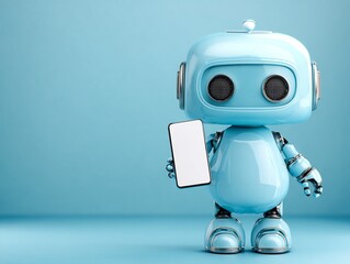 Cute blue robot holding smartphone mockup for technology and ai applications