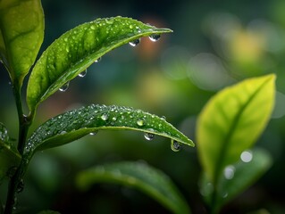 Close up of fresh green leaves with water droplets nature photography wallpaper