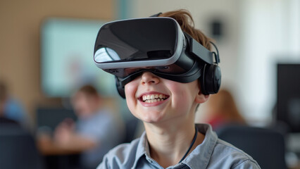 Smiling boy in virtual reality glasses with schoolroom background