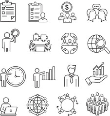usiness Management Line Icons Set &ndash; Leadership, Teamwork, Analytics, Strategy & Global Communication Vector