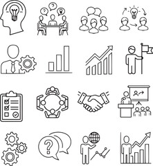 Business Strategy Line Icons Set &ndash; Teamwork, Leadership, Growth, Finance, Productivity, Office, Planning Vector Collection