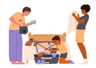 Happy multiracial family packing a suitcase going on vacation flat vector illustration isolated on white. Woman folding shirt, man checking list on the phone, boy putting a book into suitcase.