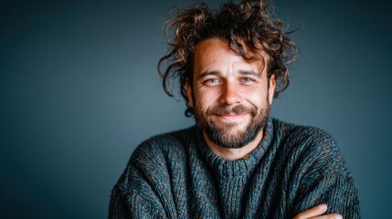 Fototapeta premium A smiling man with curly hair exuding warmth and friendliness in a relaxed pose, showcasing a joyful spirit. Ideal for themes around happiness and personal connection.
