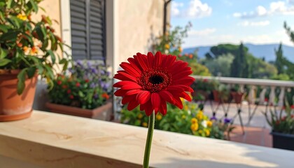 A vibrant red gerbera daisy stands out against a backdrop of colorful flowers and a scenic view.