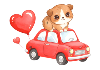 Cute Puppy Riding Red Car with Heart Balloons Transparent Illustration