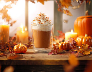 Pumpkin spice latte with whipped cream, cinnamon and autumn decorations, cozy fall coffee drink with pumpkins, candles and leaves, seasonal hot beverage for Thanksgiving and Halloween