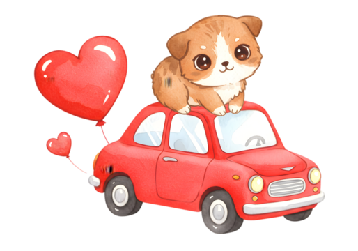 Cute Puppy Riding Red Car with Heart Balloons Transparent Illustration