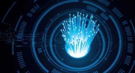 A glowing blue light emanating from a futuristic, circular, technological interface with a digital circuit board design in the background.