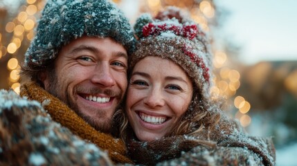 A couple embraces in a snowy environment, adorned with festive lights, capturing the warmth of love and connection during the winter holiday season.