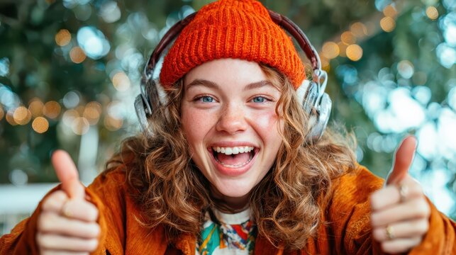 A joyful young woman with curly hair wears headphones and an orange beanie, exuding happiness and excitement in a vibrant, cheerful setting filled with lights. - Powered by Adobe