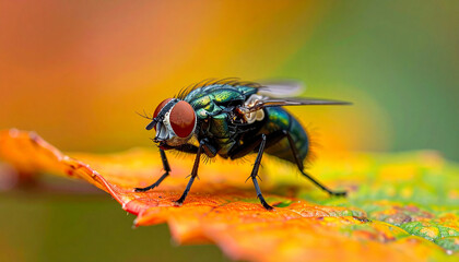 Naklejka premium Fly resting on green-orange leaf, insect with wings, blurred natural autumn backdrop. Macro shot.