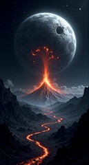 A giant, pockmarked moon oversees an erupting volcano on a dark, alien planet. Fiery lava rivers carve paths through rugged terrain.