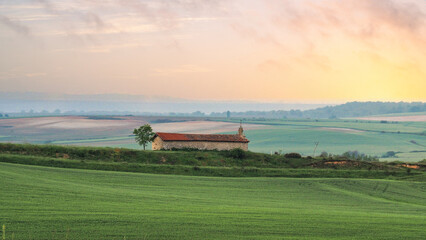 Obraz premium a church at dawn among the green wheat fields of May along the twelfth stage of the Camino de Santiago From San Juan de Ortega to Burgos