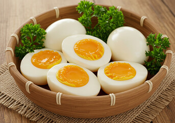Poached egg served in a rattan bowl, garnished with fresh parsley