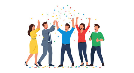Obraz premium A diverse group of cheerful business colleagues celebrates a significant professional achievement with vibrant confetti, symbolizing collective success and joyful collaboration.